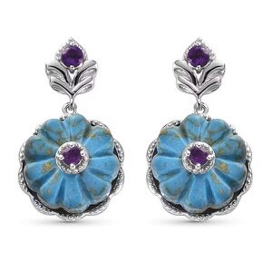 Mojave Blue Turquoise & Amethyst
Floral Earrings in Platinum Over Sterling